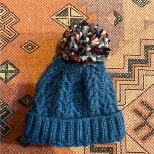 Fat Face Blue Cable Knit Hat with Pom-Pom